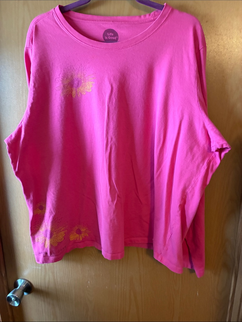 Women’s 3X Life Is Good Hot Pink Long Sleeve Tee with Gold Floral Accents